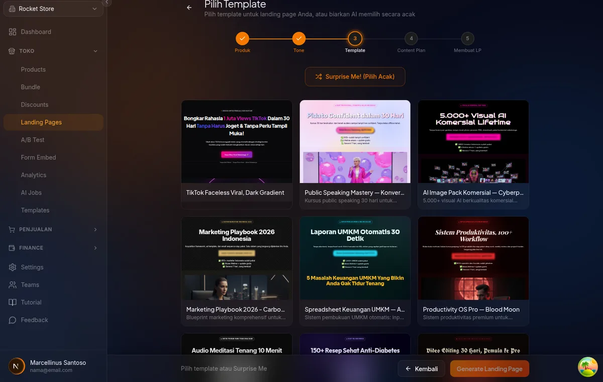 dialog konfirmasi "Mulai buat landing page dengan AI?" di halaman /landing-pages/ai-guided-v3/template dengan tombol Ya Mulai minus 1 token