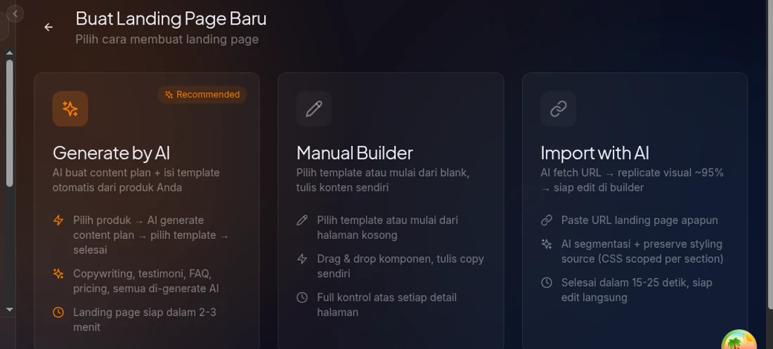 Pilih cara buat landing page lalu klik Generate by AI