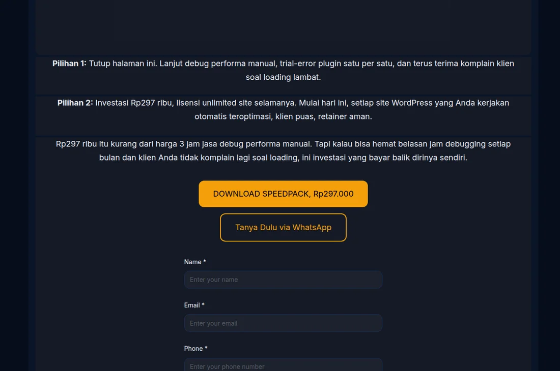 section order form di landing page dengan field Nama, Email, HP