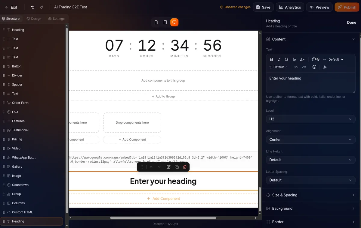 kanvas builder dengan Heading baru ditambahkan — selected (border biru), teks default "Your Heading Here"