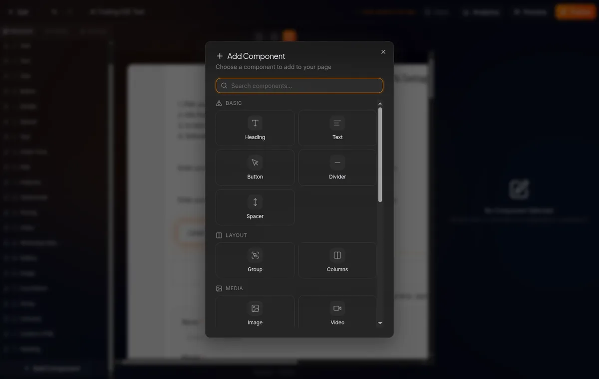 Panel kiri tab Components di builder