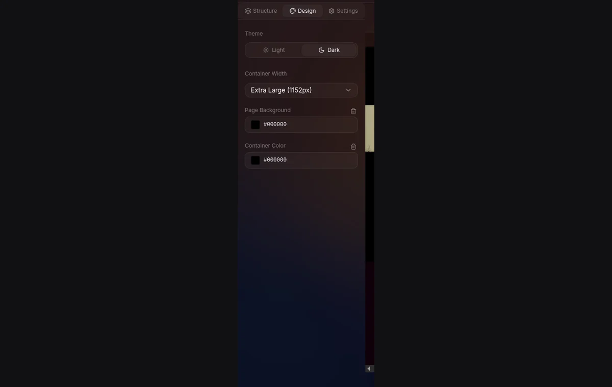 5 color token swatches di Design tab — masing-masing dengan color picker, contoh primary color oranye #f57c00