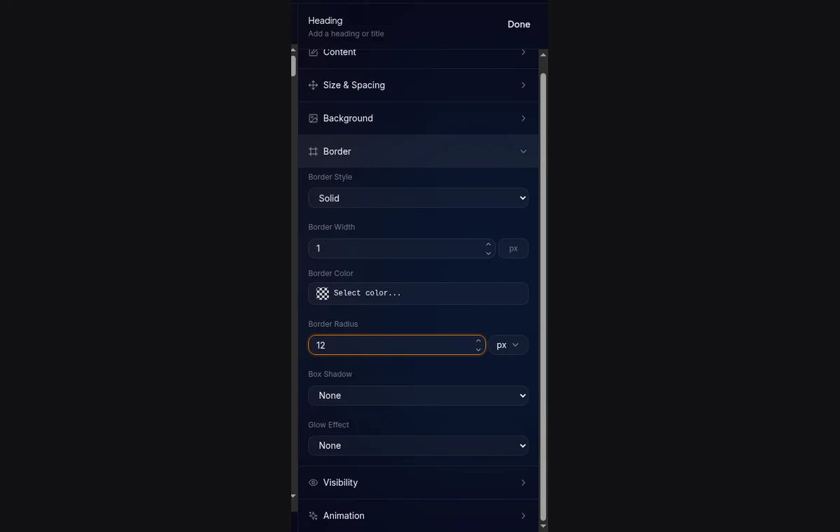 section Border di tab Style — width, style (solid/dashed/dotted), color, dan radius controls