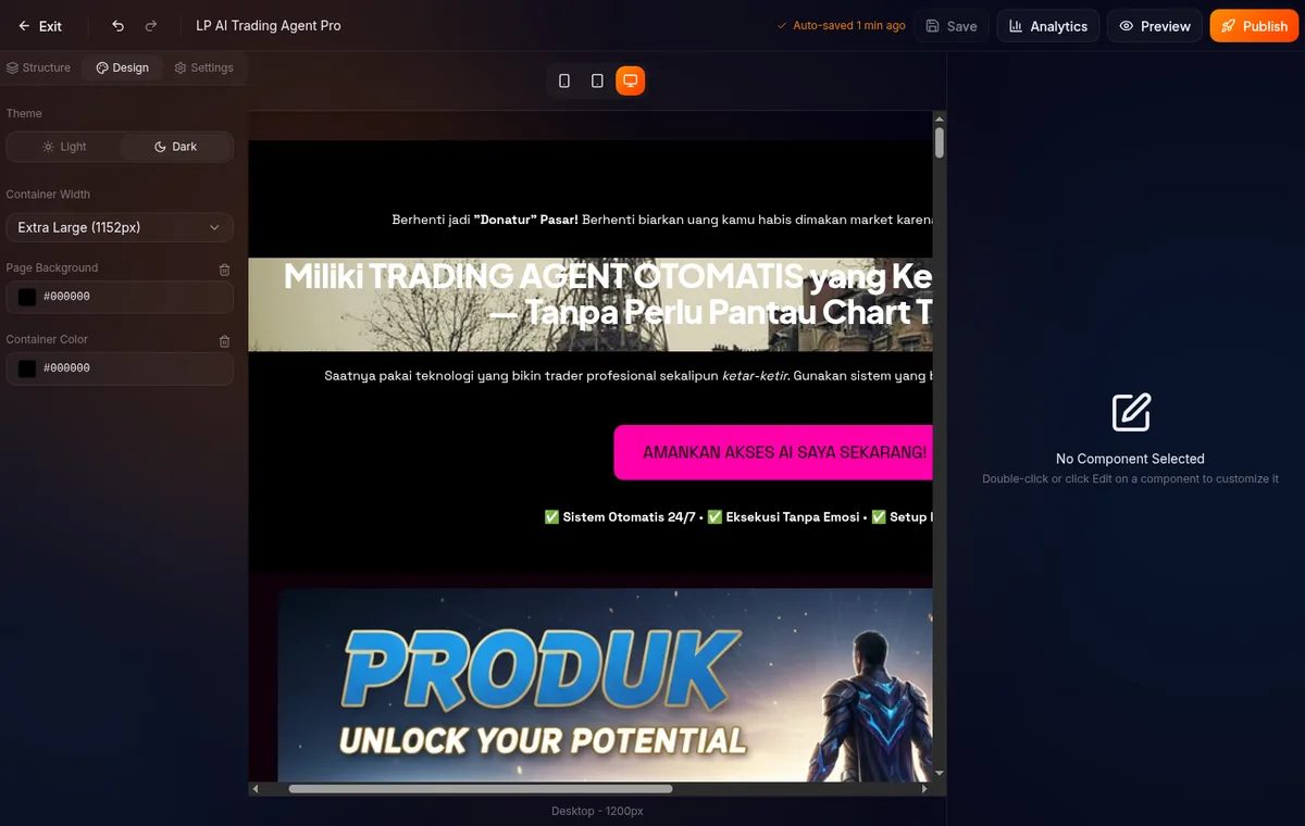 toggle Theme Mode tiga opsi — Dark aktif, kanvas berubah ke dark background