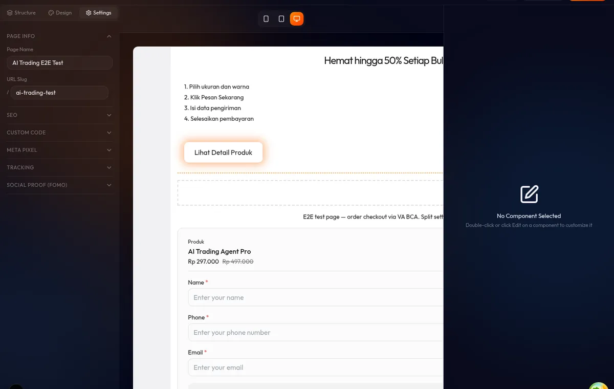 Enam feature item dalam grid 3 kolom dengan Lucide icons berlatarkan oranye di builder canvas