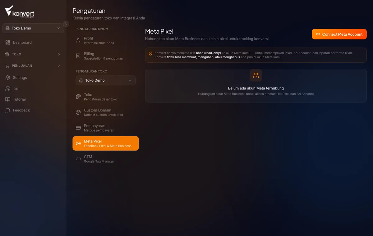 tabel Pixel Accounts dengan beberapa baris pixel yang berhasil diimpor