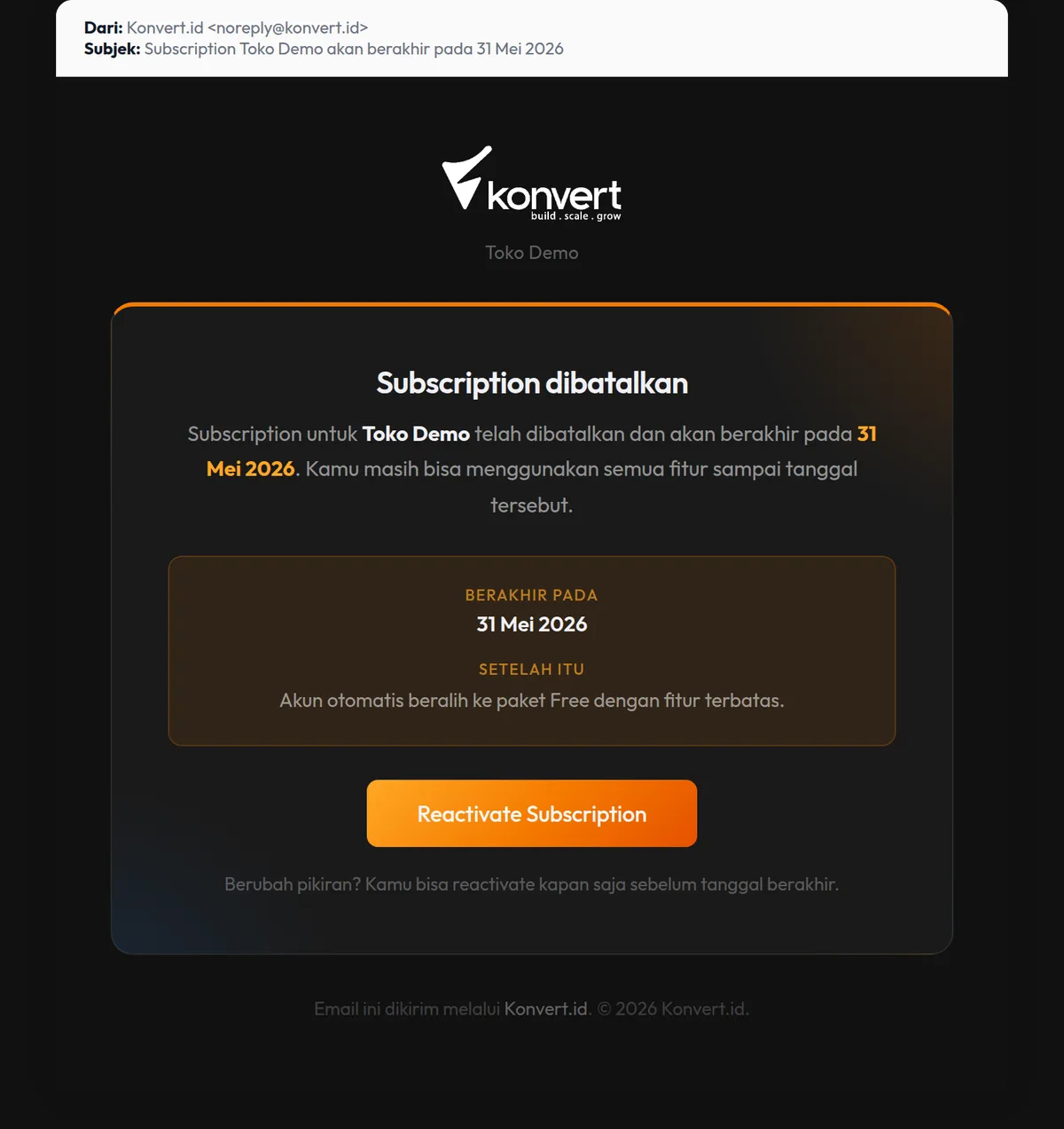 Email subscription cancelled