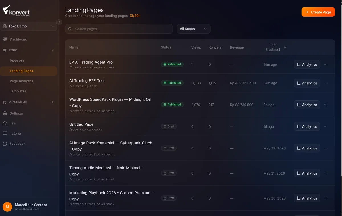 halaman daftar Landing Pages — beberapa LP dengan status "Draft" yang sebelumnya "Published", dengan keterangan kapan statusnya berubah