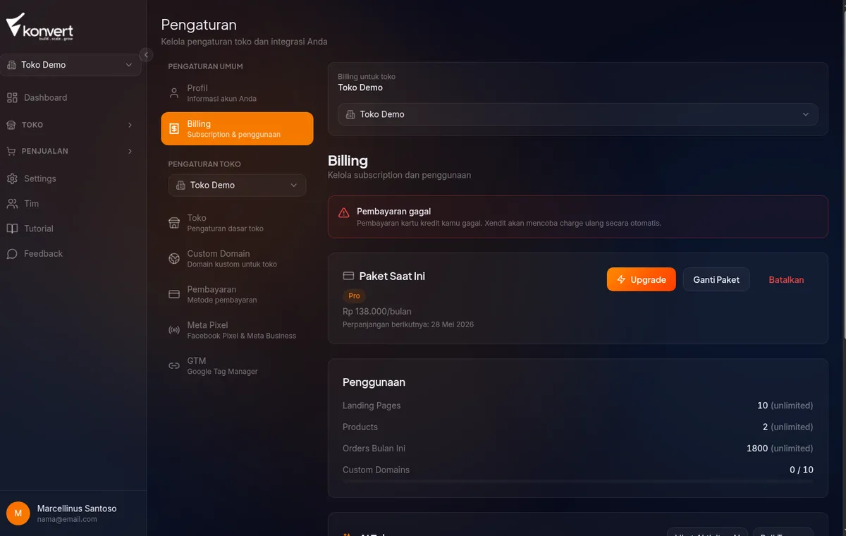 Halaman settings billing kartu paket dengan status past due dan tanggal perpanjangan
