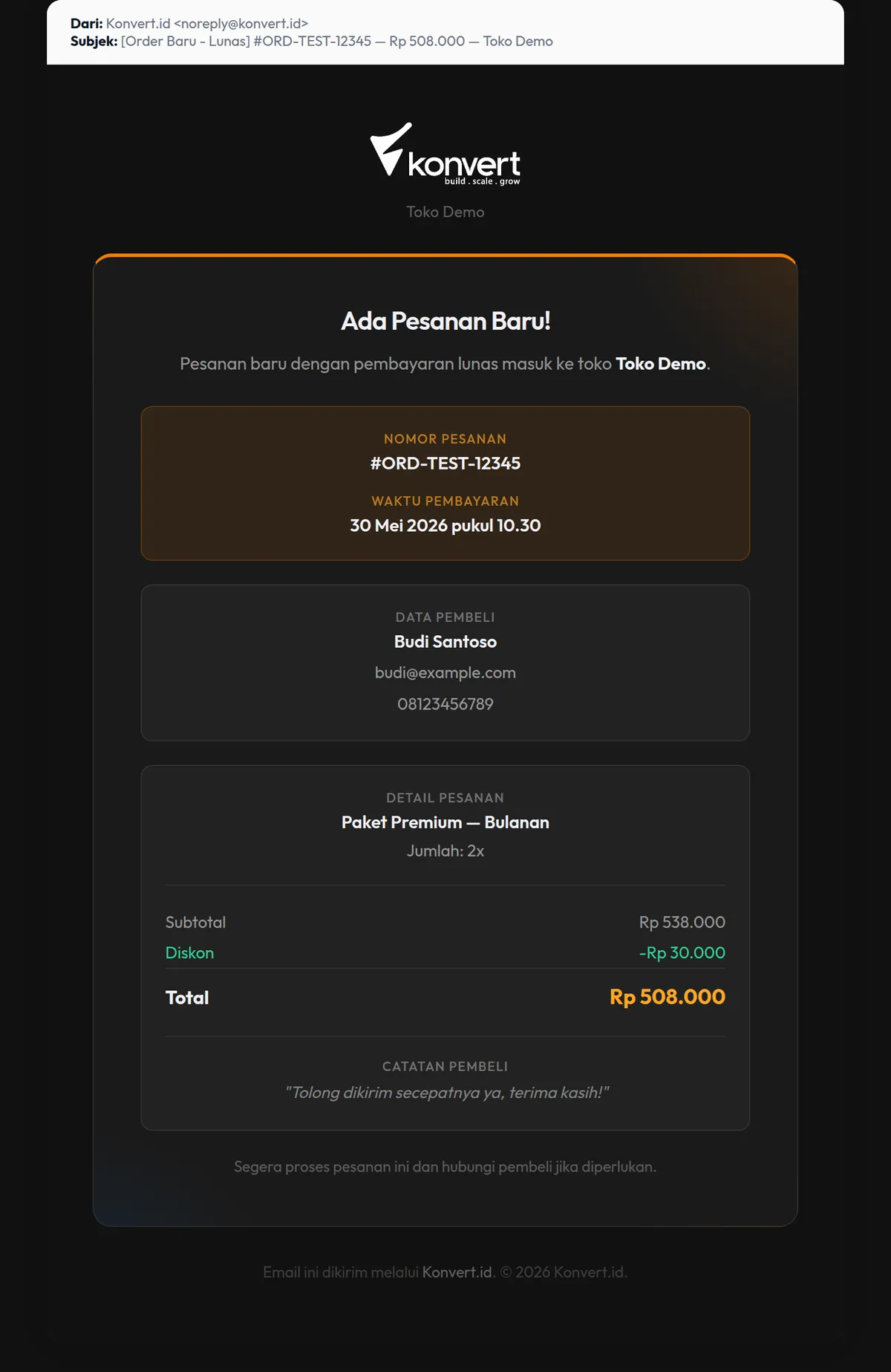 Email new paid order owner
