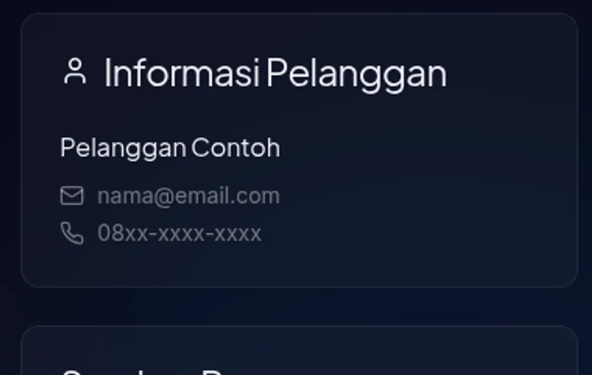 sidebar detail order — info customer (nama, email, phone), sumber landing page, dan catatan pelanggan