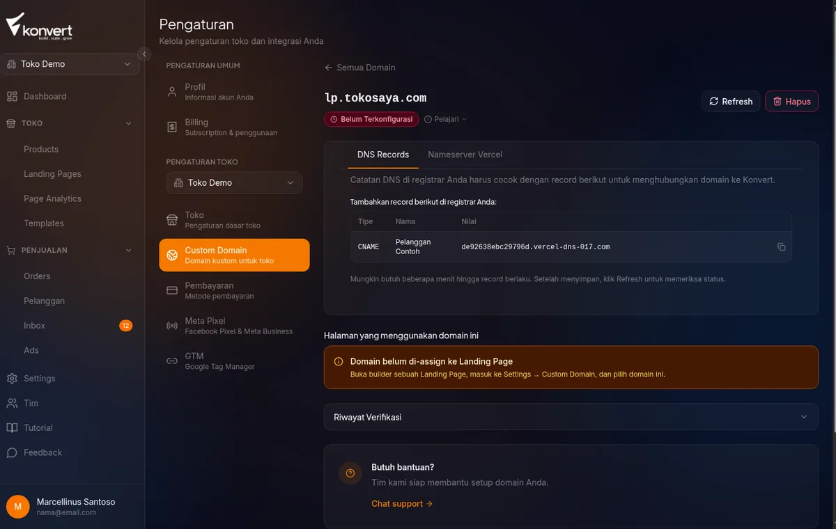 layar yang menampilkan CNAME record yang harus disalin, dengan dua nilai Name dan Value/Target beserta tombol salin