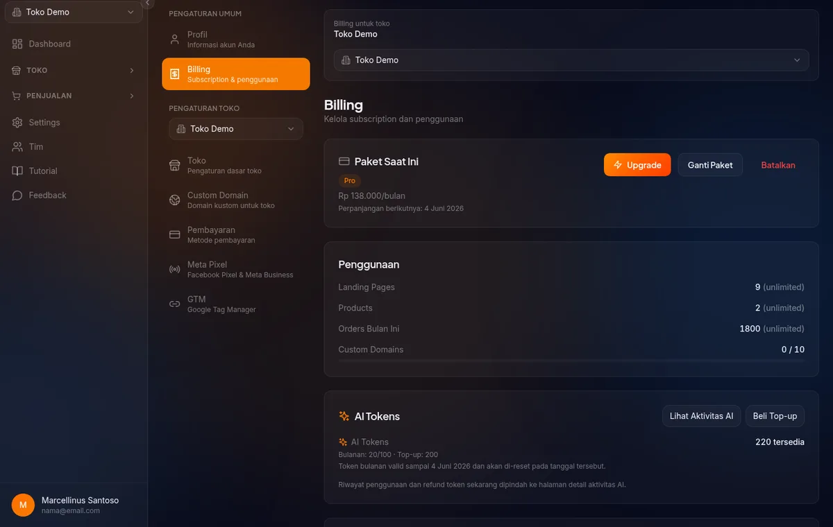 Riwayat pembayaran di halaman billing menampilkan transaksi topup 50 ai tokens denga