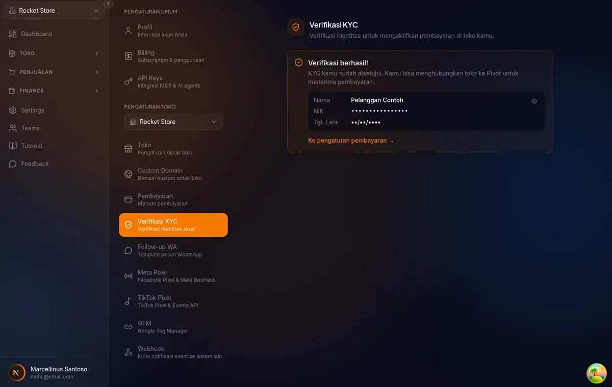 modal "Verifikasi dulu untuk terima pembayaran" saat klik Publish di builder LP dengan Order Form, tombol Mulai verifikasi mengarah ke /settings/kyc